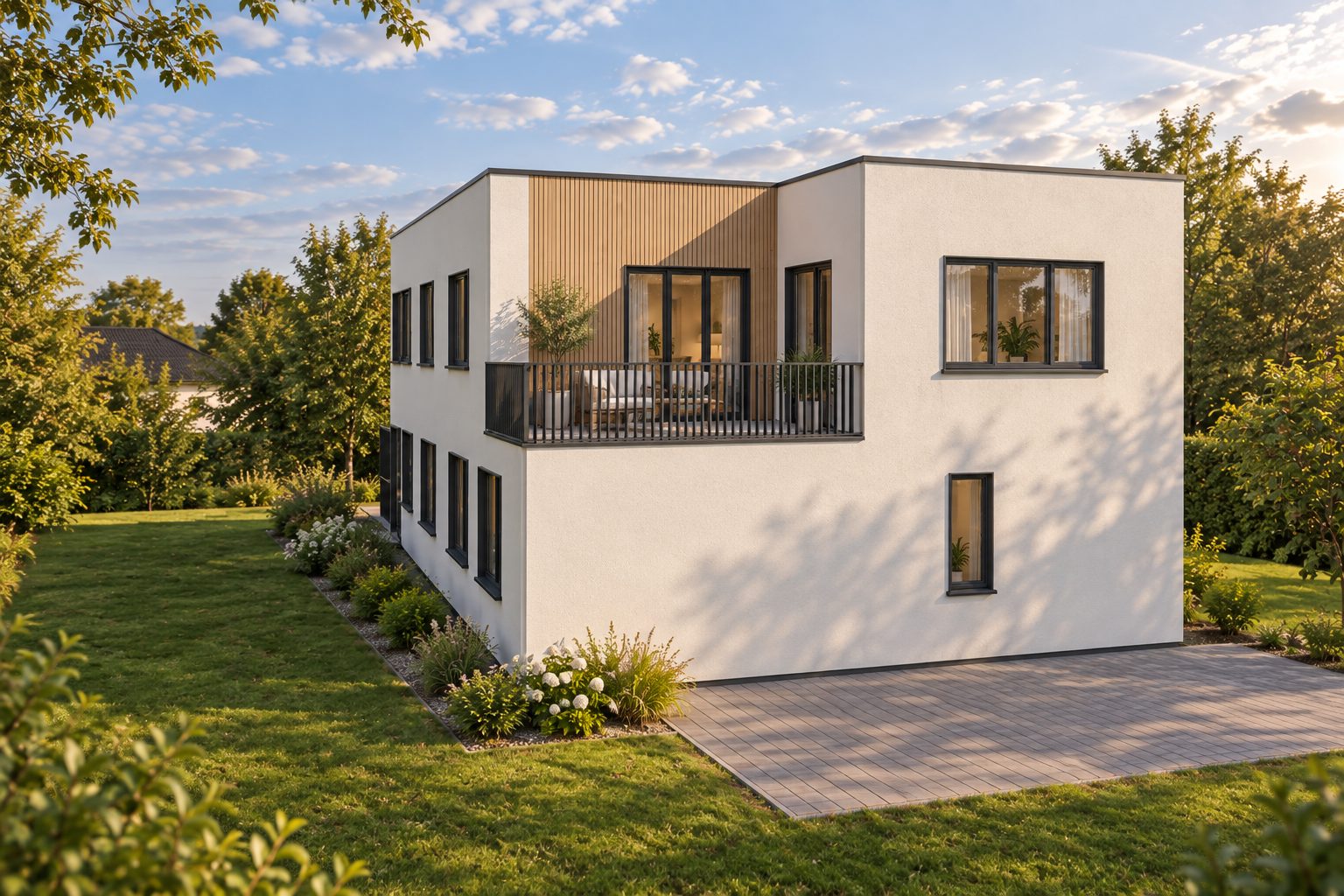 Architekturvisualisierung des Zweifamilienhauses mit der Dachterrasse der 4-Zimmer-Neubauwohnung auf der linken Gebäudeseite
