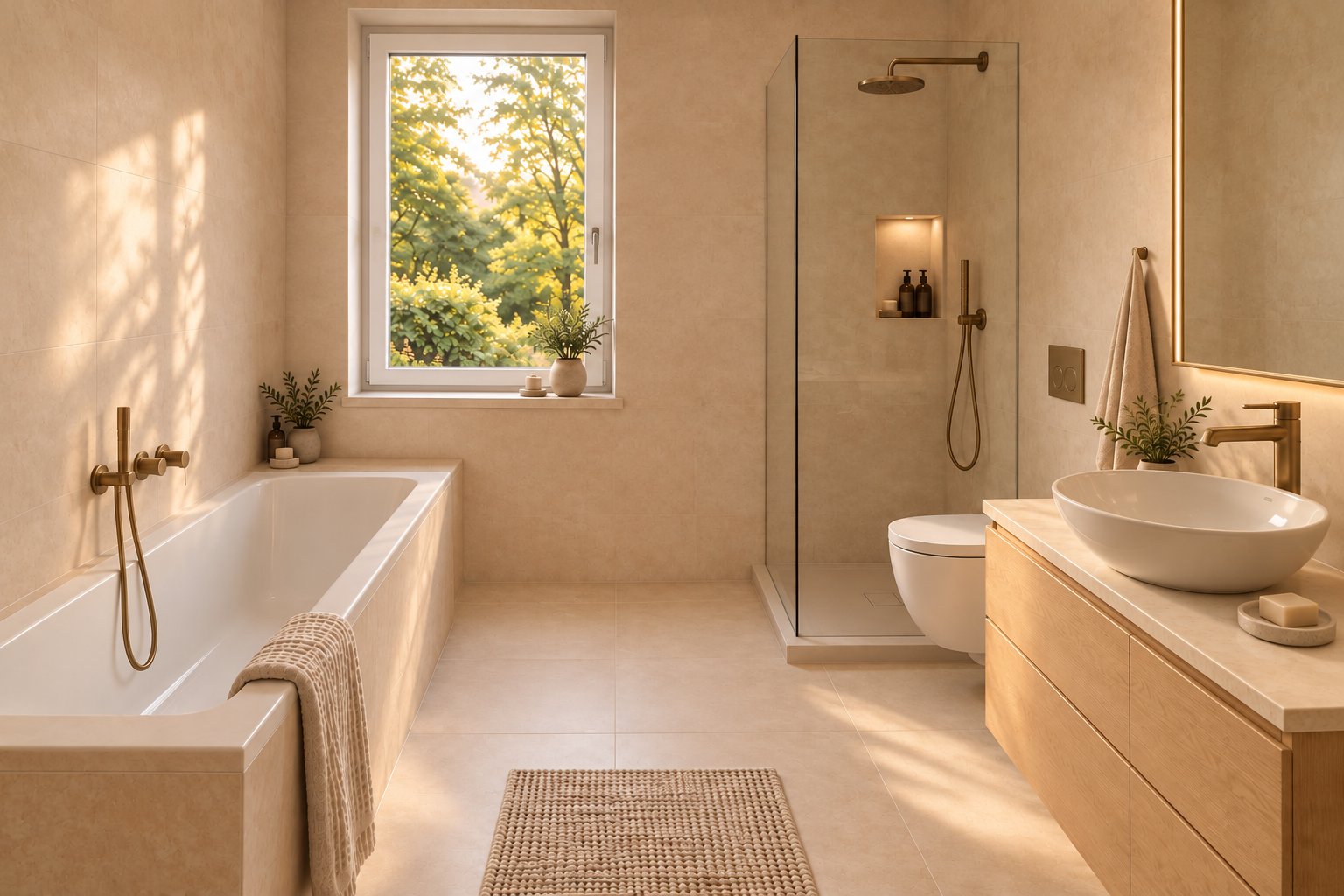 Einrichtungsvorschlag für das Bad der 4-Zimmer-Neubauwohnung mit Badewanne und Dusche
