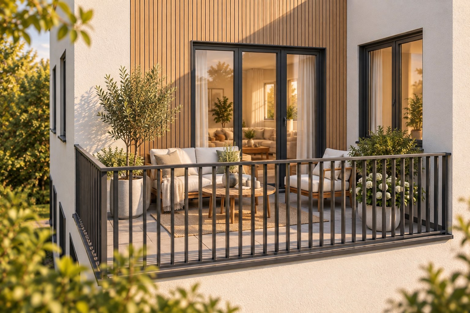 Nahansicht der Dachterrasse mit Sitzbereich und Blick in die Wohnung · Architekturvisualisierung
