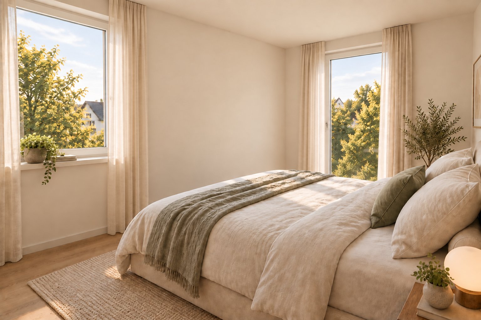 Visualisierung des Schlafzimmers der 4-Zimmer-Neubauwohnung mit warmen Naturtönen